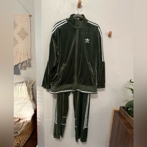 Adidas Green Velour Tracksuit with White Stripes size medium